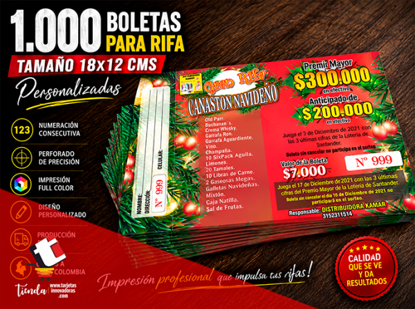 🥇 1.000 Boletas de Rifa Numeradas | en Tamaño: 18x12 cms.