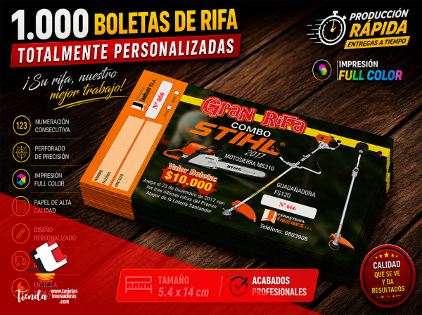 🥇 1.000 Boletas de Rifa | Numeradas | Tamaño: 5.4x14 cms.