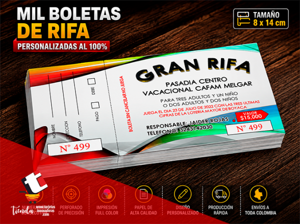🥇 1.000 Boletas para Rifa. Numeradas | Tamaño: 8x14 cms |