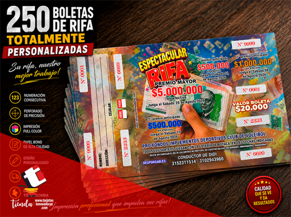 🥇 250 Boletas para Rifa 4 Oportunidades Tamaño 21x12 cms.