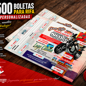 🥇 2.500 Boletas de Rifa 4 Oportunidades Tamaño 21x12 cms.