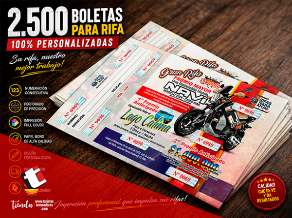 🥇 2.500 Boletas de Rifa 4 Oportunidades Tamaño 21x12 cms.