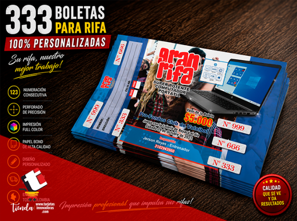 🥇 333 Boletas de Rifa con 3 Oportunidades Tamaño 21x12 cms