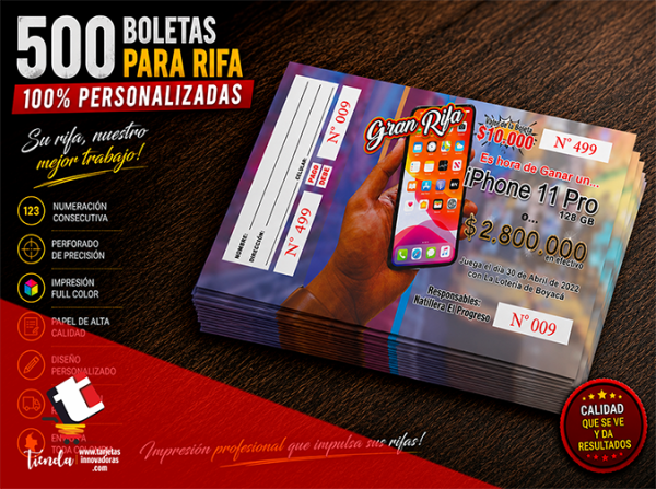 🥇 500 Boletas de Rifa con 2 Oportunidades Tamaño 8x14 cms