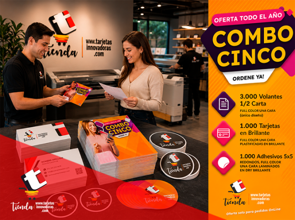 🥇 COMBO PUBLICITARIO CINCO Volantes + Adhesivos Redondos.