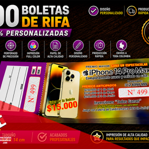 🥇 100 Boletas para Rifa. Numeradas en tamaño: 5.4x14 cms.