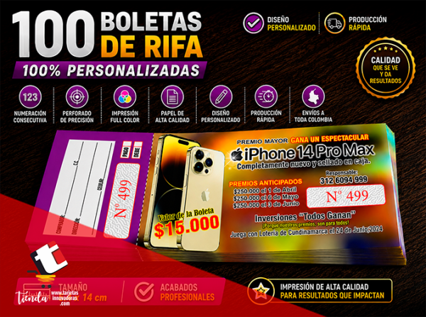 🥇 100 Boletas para Rifa. Numeradas en tamaño: 5.4x14 cms.