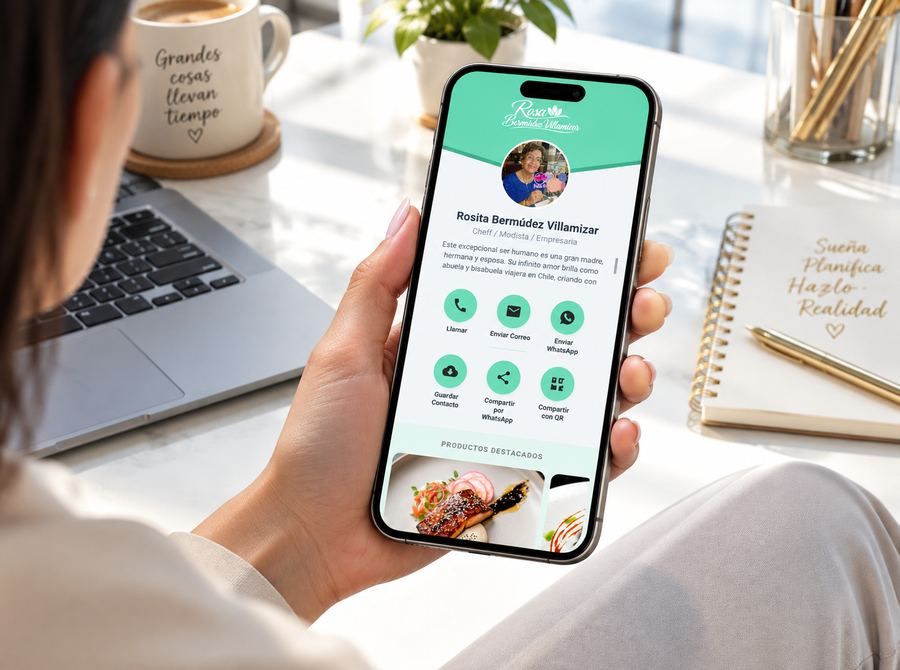 Tarjeta digital con botones para llamar, escribir por WhatsApp y guardar contacto